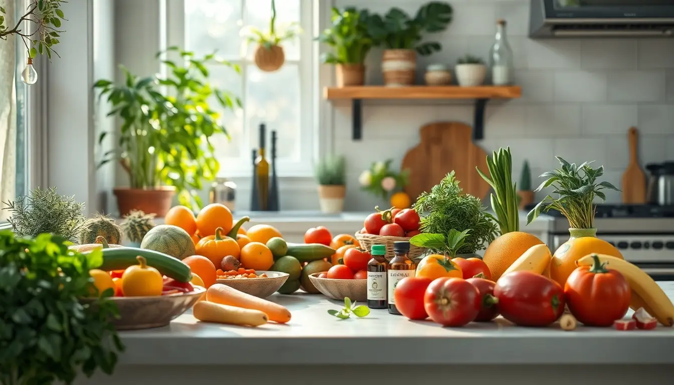 Cuisine accueillante avec des fruits et légumes frais, entourée de plantes et d'huiles essentielles, évoquant un bien-être naturel.