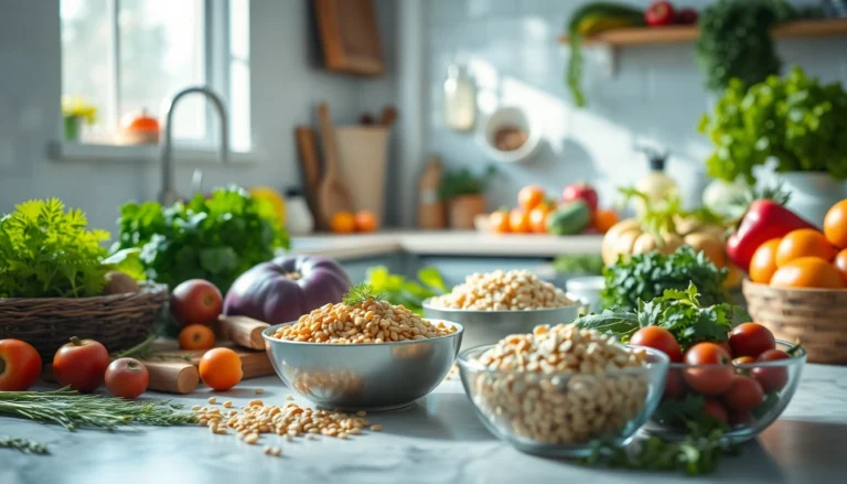 Scène de cuisine sereine avec légumes frais et grains, mettant en avant une préparation de repas nutritifs.