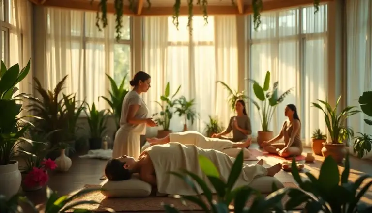 Espace de bien-être avec massage ayurvédique et méditation, rempli de lumière naturelle et de plantes.