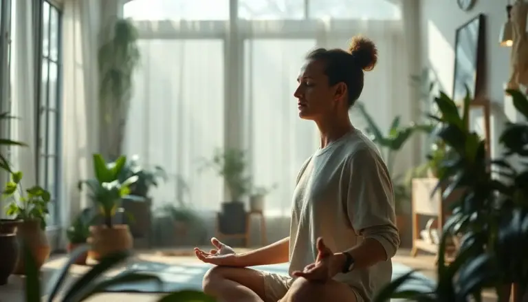 Espace de méditation intérieur serein avec une personne pratiquant la pleine conscience entourée de plantes.