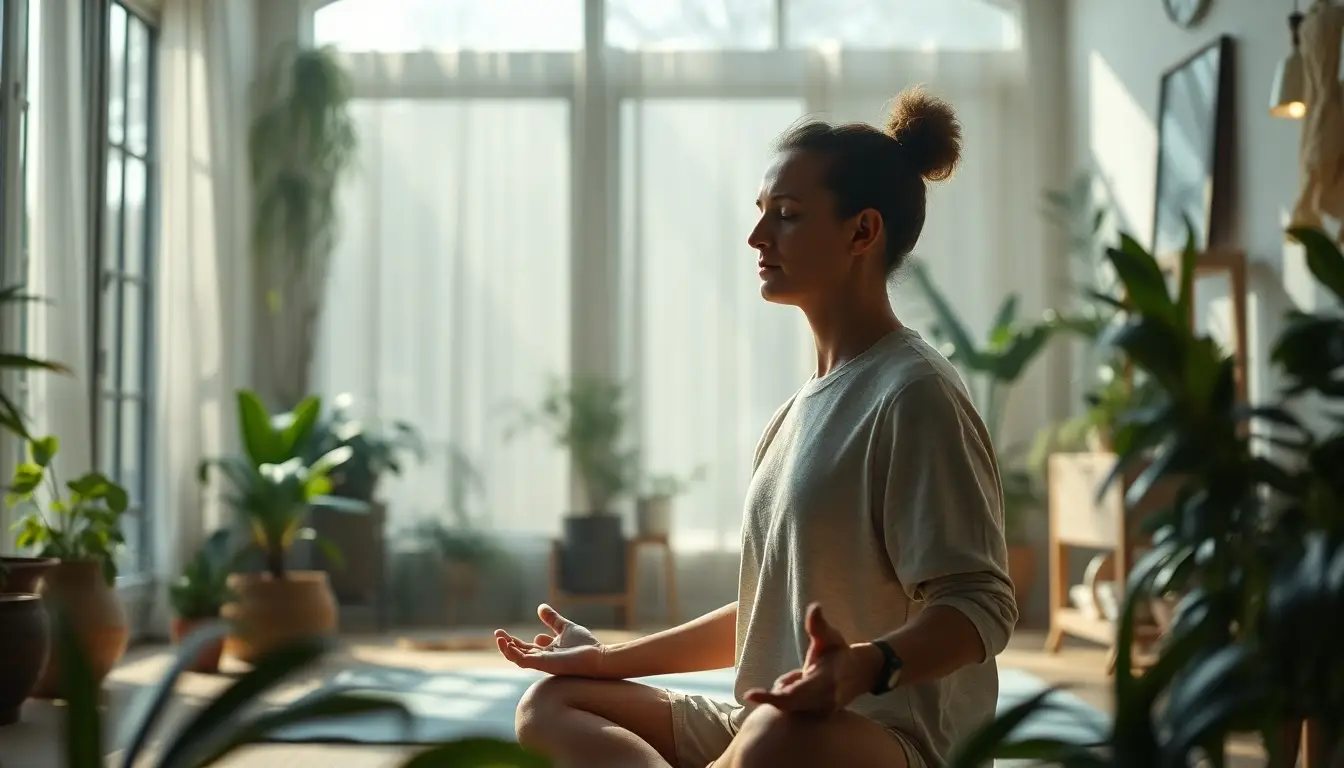 Espace de méditation intérieur serein avec une personne pratiquant la pleine conscience entourée de plantes.