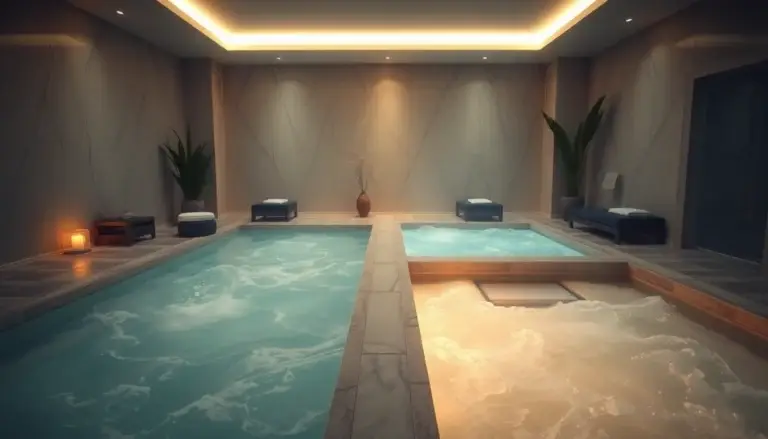 Espace spa accueillant avec bain chaud et bain froid, idéal pour l'hydrothérapie et le bien-être.