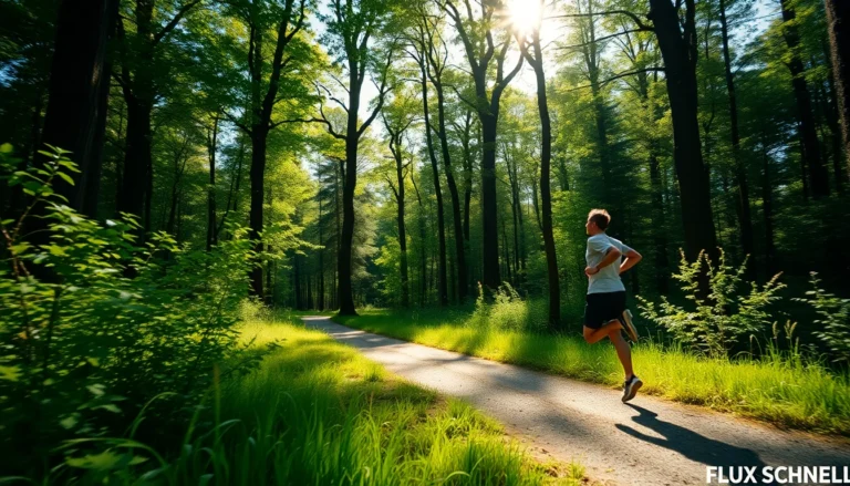 Personne courant sur un sentier forestier, symbolisant les bienfaits de l'exercice pour la santé mentale et la réduction du stress.