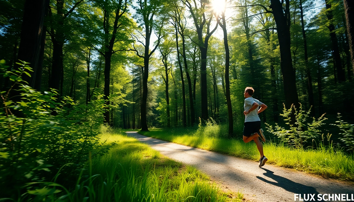 Personne courant sur un sentier forestier, symbolisant les bienfaits de l'exercice pour la santé mentale et la réduction du stress.