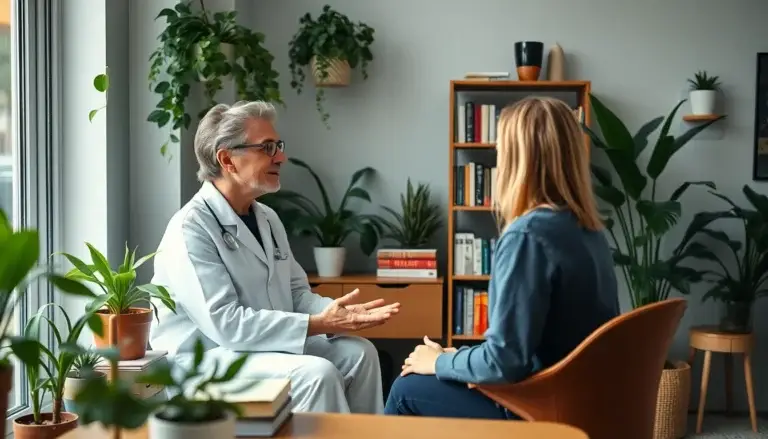Praticien naturopathe en consultation dans un bureau moderne, entouré de plantes et livres sur le bien-être.