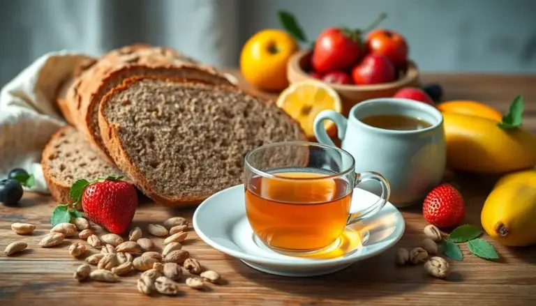 Petit déjeuner sain avec pain complet, fruits, noix et thé sur une table en bois.