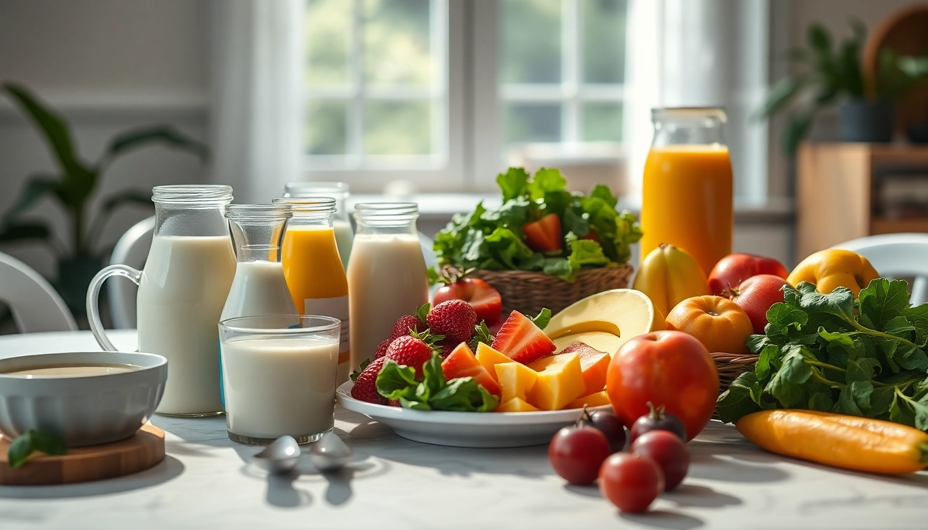 Table de petit déjeuner saine avec des produits laitiers, légumes à feuilles et fruits, soulignant l'importance du calcium et de la vitamine D pour la santé osseuse.