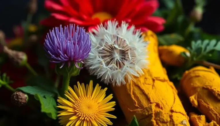Gros plan de chardon-marie, pissenlit et curcuma, montrant leurs textures naturelles et couleurs vives.