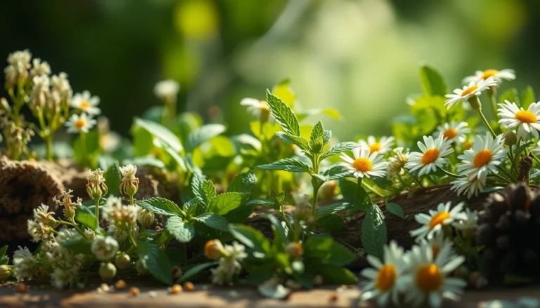 Plantes médicinales comme le fenouil, la menthe poivrée et la camomille intégrées dans une préparation de tisanes.