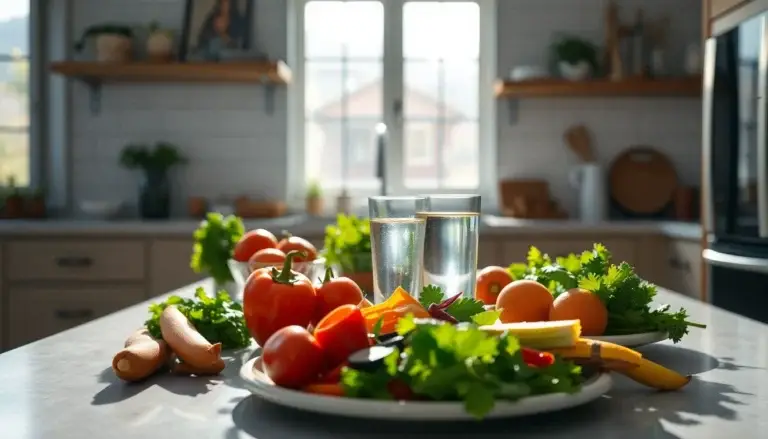 Préparation de repas sain dans une cuisine moderne, mettant en avant des ingrédients frais, lumière naturelle et bien-être.