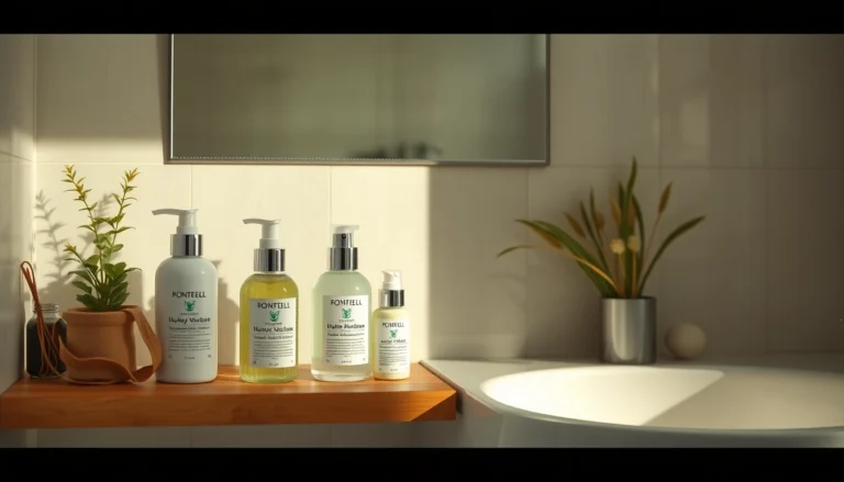 Produits hydratants pour peau atopique sur une étagère en bois dans une salle de bain apaisante.