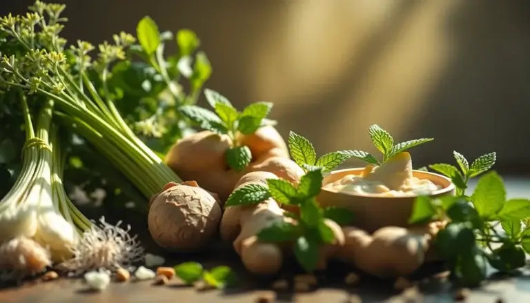 Scène apaisante avec des remèdes naturels comme le fenouil et le gingembre, illustrant le bien-être digestif.