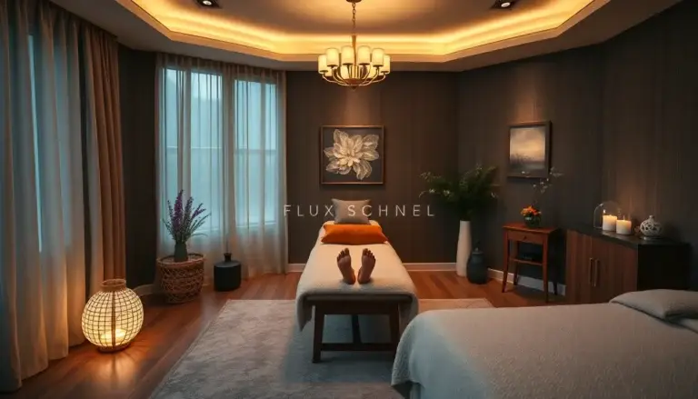 Salle de réflexologie plantaire avec un espace de massage des pieds, décor apaisant et lumière douce, symbolisant le bien-être.