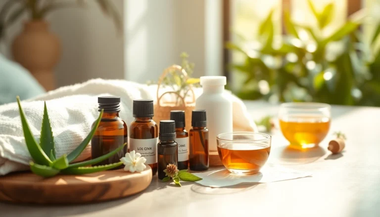 Produits de soins naturels pour l'acné hormonale, incluant aloe vera, huiles essentielles et tisanes, dans une ambiance de spa apaisante.