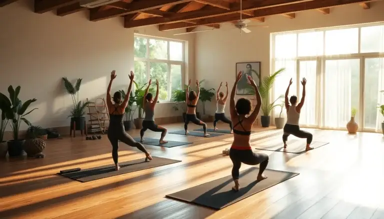 Studio de yoga lumineux avec des personnes pratiquant diverses postures, entouré de plantes apaisantes.