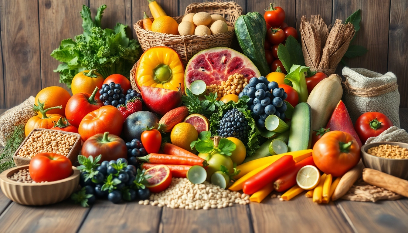 Composition colorée de fruits, légumes et céréales illustrant la diversité des micronutriments.