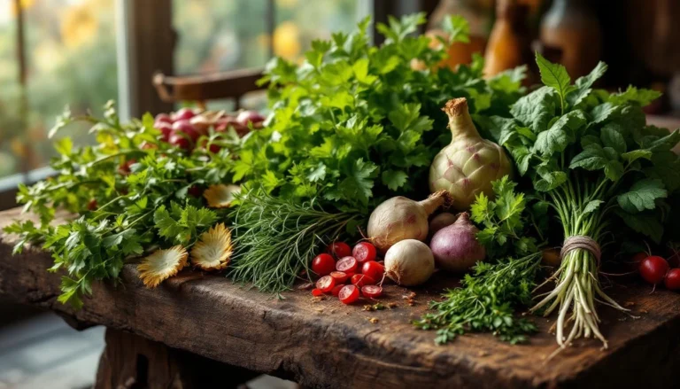 Table rustique avec des plantes détox comme artichaut et bardane, en milieu automnal lumineux.