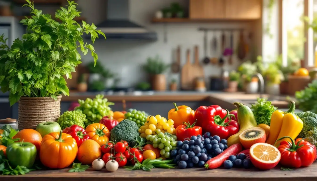 Arrangement coloré de fruits et légumes riches en vitamines et minéraux dans une cuisine moderne.