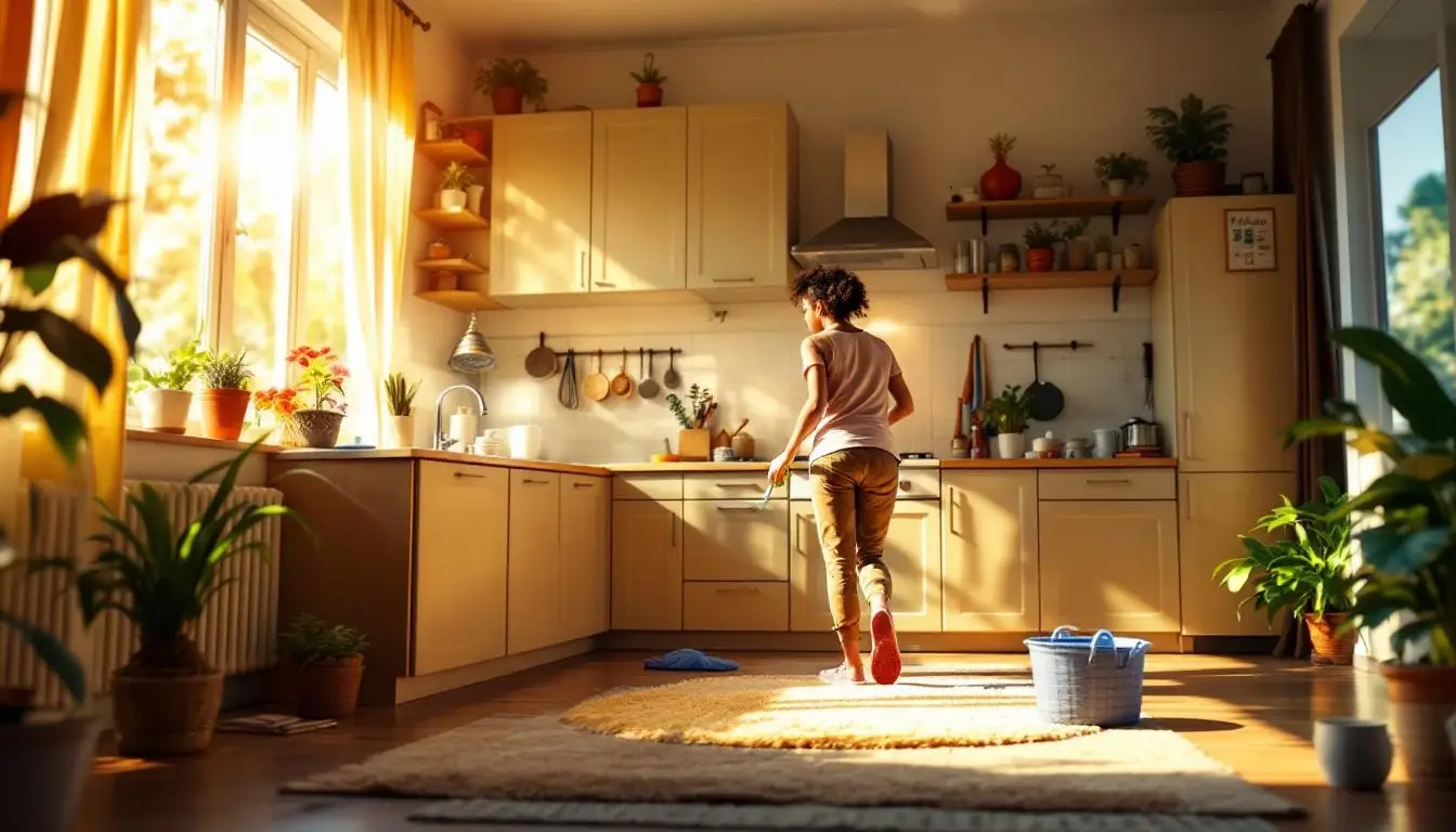 Personne effectuant des tâches ménagères à la maison, illustrant le concept de NEAT pour brûler des calories au quotidien.