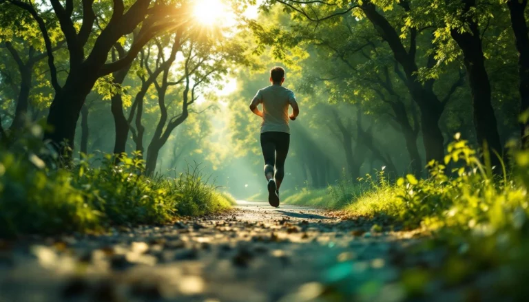 Personne courant dans un parc verdoyant, illustrant l'impact positif de l'exercice sur la santé mentale et l'anxiété.