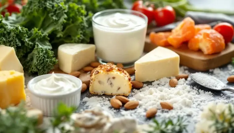 Produits laitiers, légumes-feuilles, amandes et fruits de mer, représentant une alimentation riche en calcium.