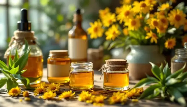 Détail sur des remèdes naturels pour l'eczéma atopique, incluant miel, aloe vera et calendula sur une table en bois.