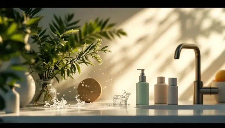 Bain apaisant avec produits hydratants pour peaux atopiques, illustrant une routine douce et relaxante.