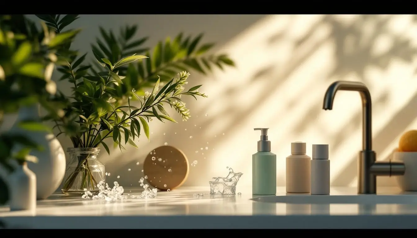 Bain apaisant avec produits hydratants pour peaux atopiques, illustrant une routine douce et relaxante.