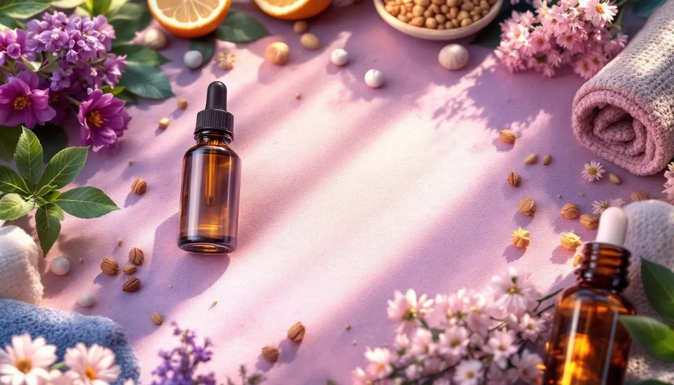 Scène de spa avec des huiles essentielles et des produits naturels pour traiter l'acné hormonale.