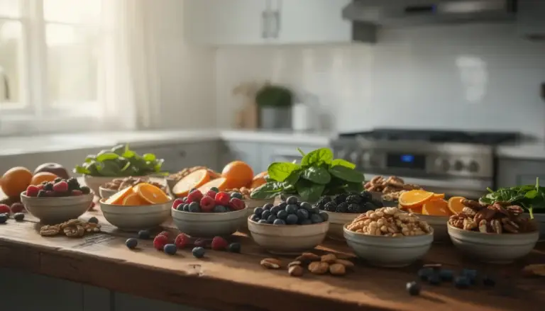 Arrangement de baies, agrumes, épinards et noix évoquant le bien-être et l'immunité naturelle.