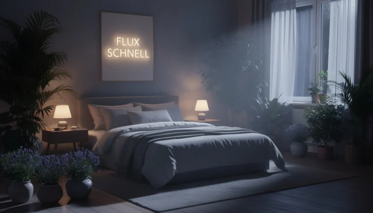 Chambre paisible avec lit confortable et plantes relaxantes comme la valériane, éclairée par une douce lumière de lune.