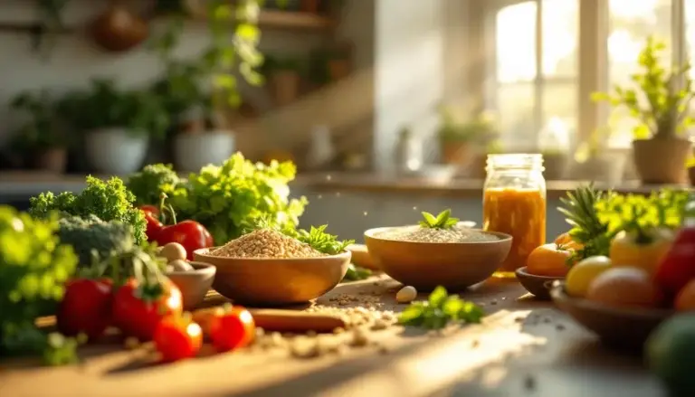 Cuisine chaleureuse avec des légumes frais et des céréales, promouvant une alimentation saine et équilibrée.
