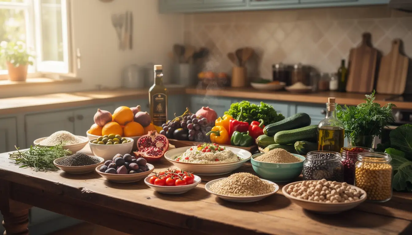 Cuisine moderne avec un assortiment coloré d'aliments méditerranéens : fruits frais, légumes et céréales complètes, illustrant une alimentation saine.