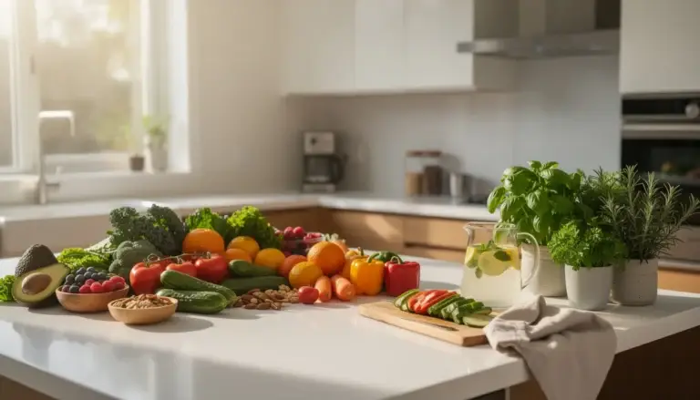 Scène de cuisine sereine avec des fruits, légumes et herbes frais, symbolisant un mode de vie sain pour la gestion de la ménopause.