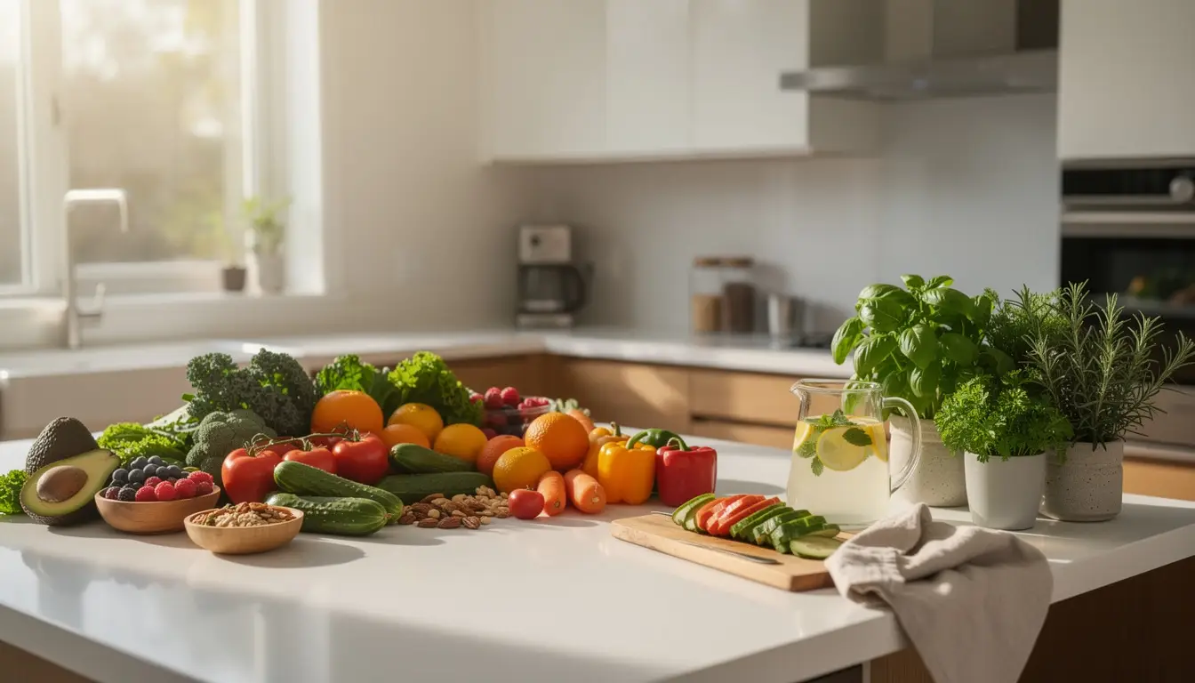 Scène de cuisine sereine avec des fruits, légumes et herbes frais, symbolisant un mode de vie sain pour la gestion de la ménopause.