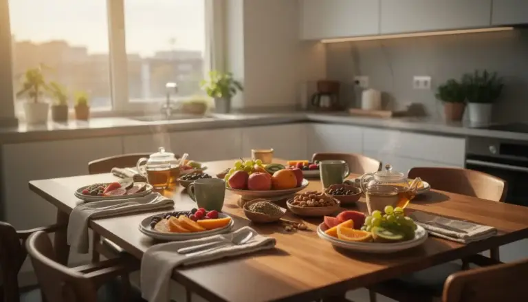 Cuisine moderne avec une table préparée pour un repas sain, mettant en avant des fruits frais et des tisanes.