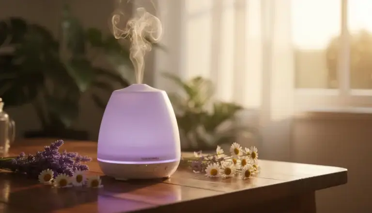 Diffuseur d'huiles essentielles émettant de la vapeur avec des huiles de lavande et de camomille, entouré de plantes, créant une ambiance relaxante.
