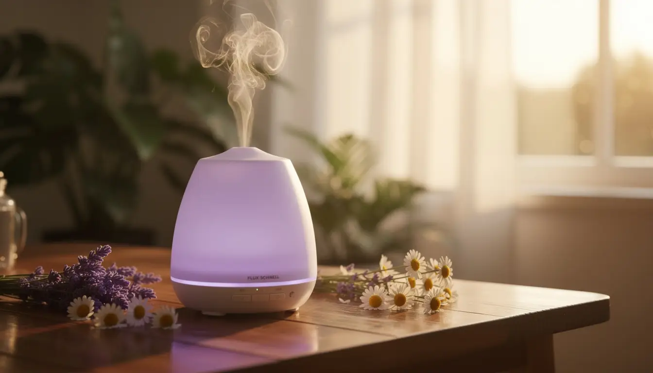 Diffuseur d'huiles essentielles émettant de la vapeur avec des huiles de lavande et de camomille, entouré de plantes, créant une ambiance relaxante.