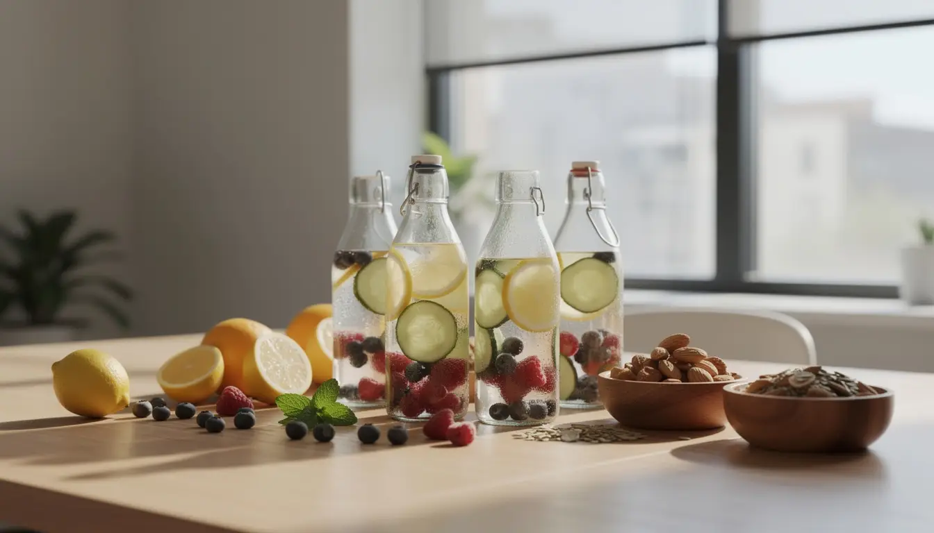 Espace bien-être avec des bouteilles d'eau détox, fruits frais et lumière naturelle