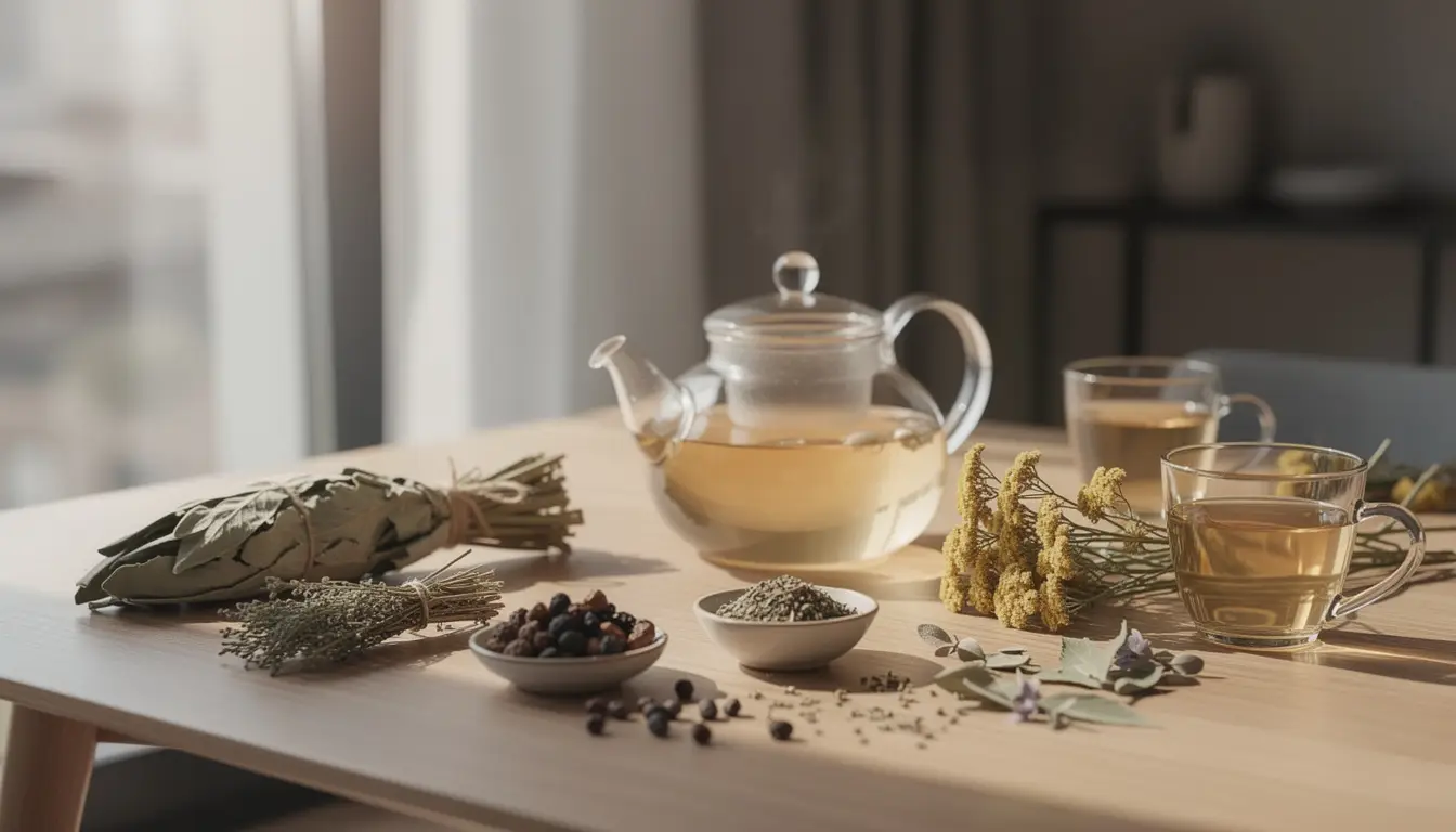 Espace de bien-être avec des herbes médicinales séchées sur une table en bois, éclairage naturel.
