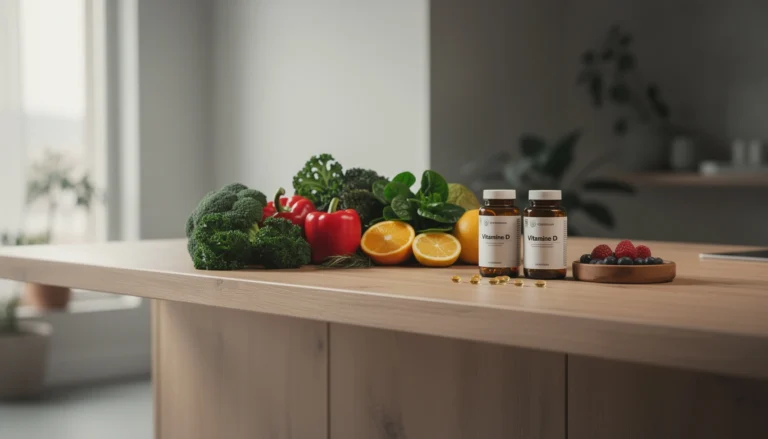 Espace de bien-être avec légumes frais et compléments, éclairage apaisant.