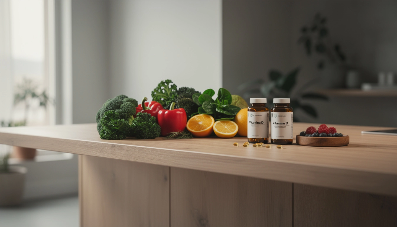 Espace de bien-être avec légumes frais et compléments, éclairage apaisant.