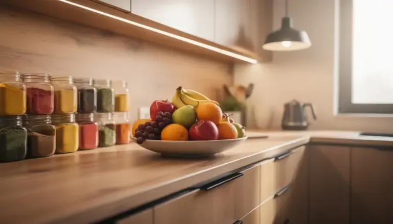 Cuisine moderne avec épices colorées, fruits et ambiance chaleureuse, évoquant le bien-être et la naturopathie.