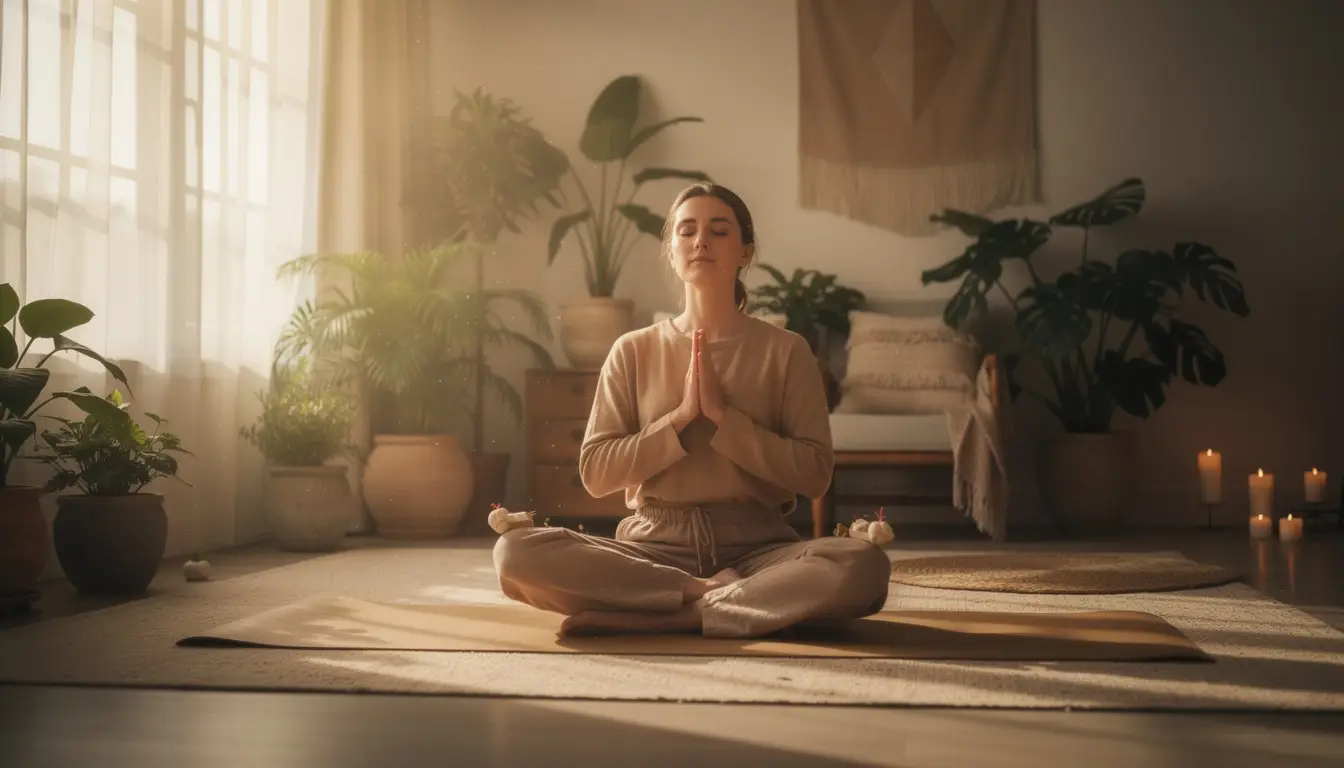 Espace intérieur serein pour méditation et yoga, avec lumière naturelle et plantes, représentant la paix et la concentration.