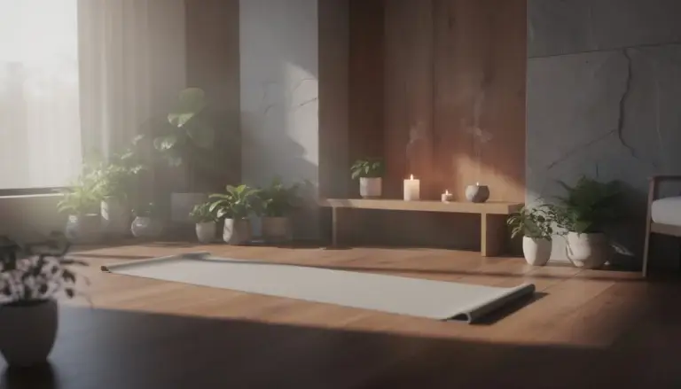Intérieur apaisant avec espace de méditation, tapis de yoga, bougies et lumière naturelle, illustrant le bien-être.