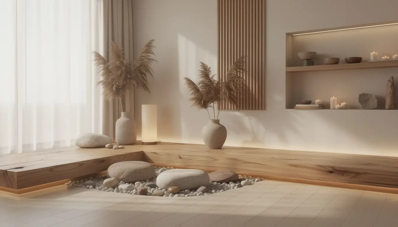 Espace zen moderne avec du bois, des pierres et des plantes séchées pour évoquer la naturopathie et le bien-être.
