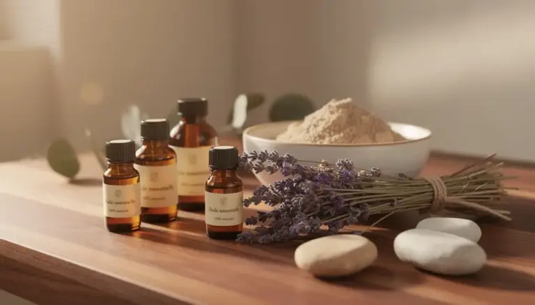 Composition d'huiles essentielles, plantes sèches et argile dans un décor zen, symbolisant le bien-être naturel.