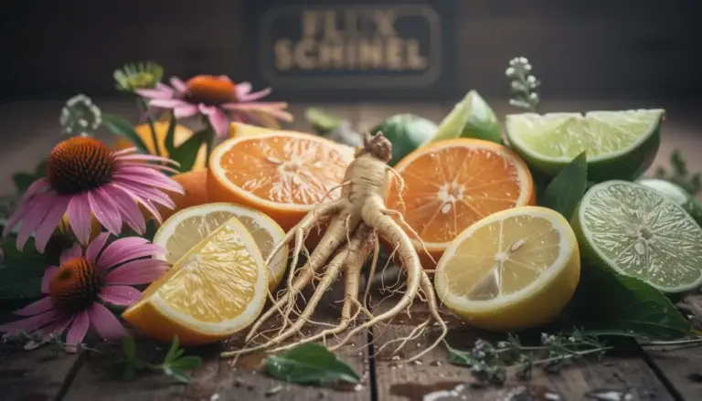 Assortiment de plantes médicinales et de fruits frais comme l'échinacée et les agrumes sur une table en bois, mettant en valeur les textures naturelles.