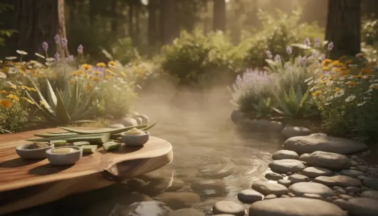 Scène apaisante avec plantes médicinales naturelles et éléments de bien-être pour traiter l'eczéma durant l'hiver.