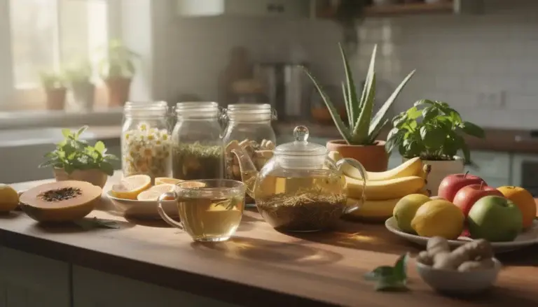 Scène de cuisine apaisante avec des tisanes, fruits frais et plantes médicinales pour les troubles digestifs.